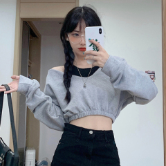 Real shot ins super fire solid color off shoulder long sleeve sweater women's short navel exposed solid color V-neck top ins fashion