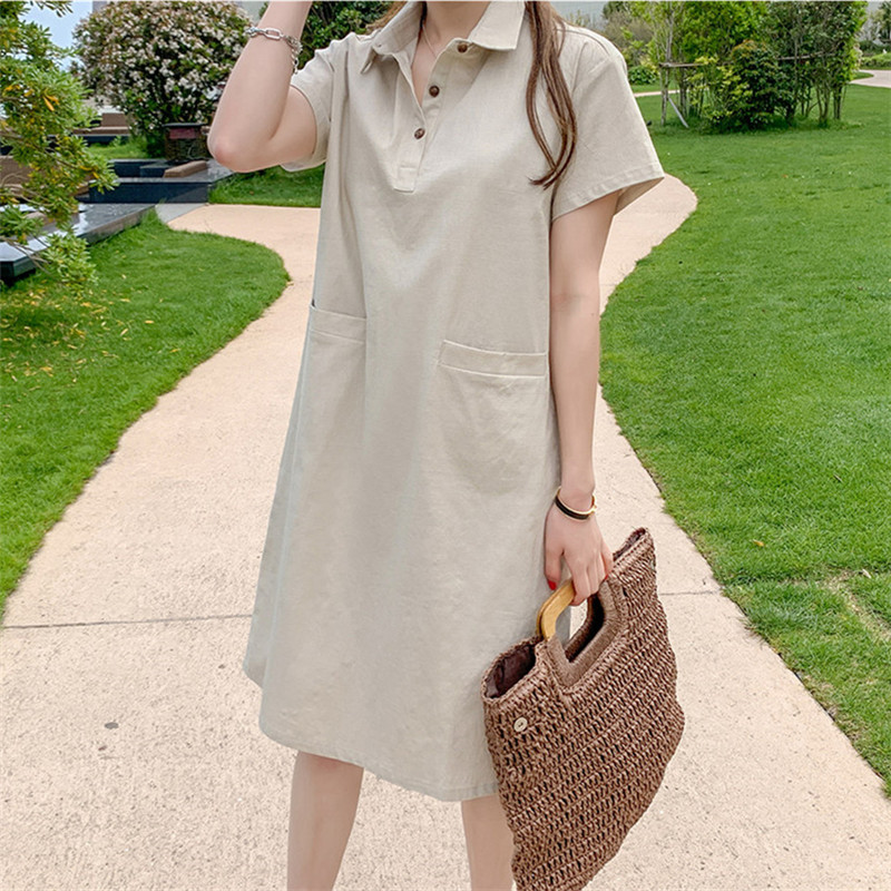 Pol collar small fresh Pullover short sleeve A-line skirt 2022 new single breasted loose medium length Linen Dress Large