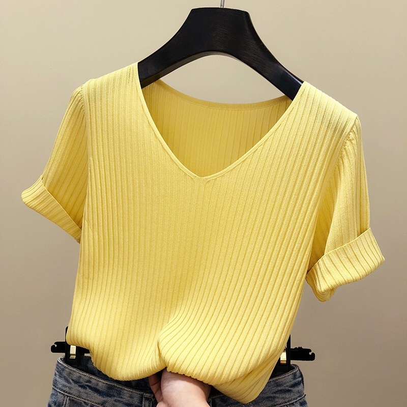Summer new Korean collar loose thin air hole stripe ice silk knitted women's solid color short sleeve T-shirt