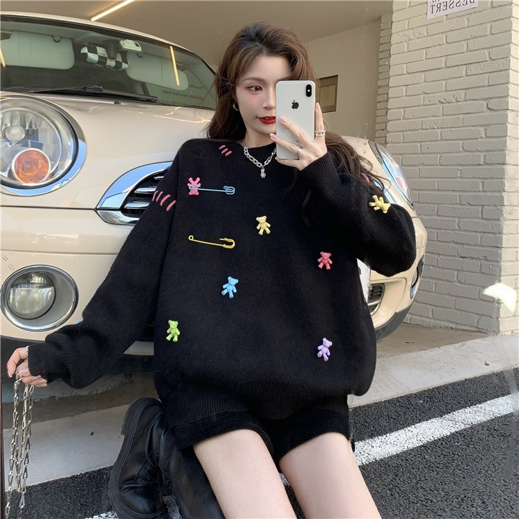 Bear Pullover Sweater Women 2022 Autumn Korean Version Loose Three-dimensional Design Lazy Casual Top Knitwear