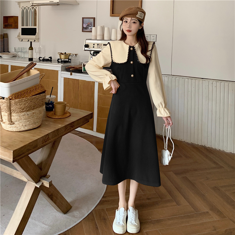 Light ripe wind autumn winter high sense wear black dress navy collar design chic chic women's dress