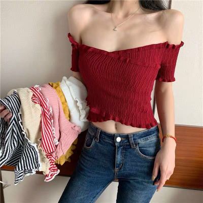 Hong Kong style knitted short sleeve T-shirt slim fit short one line collar open navel vest