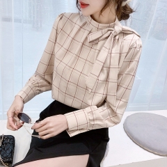 Real photo 2021 spring new Plaid Shirt Long Sleeve Korean shirt versatile chiffon shirt