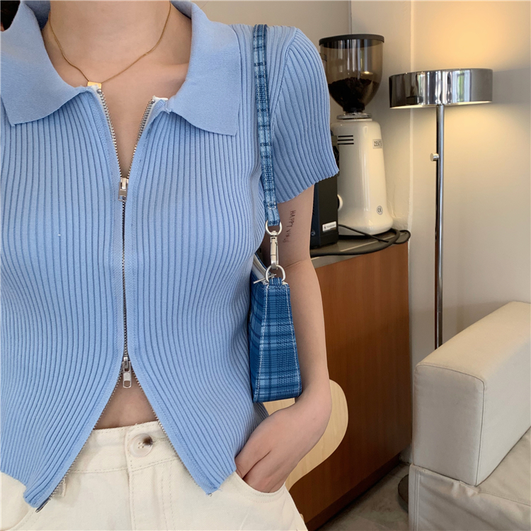 European and American retro fashionable Lapel zipper T-shirt women's spring and summer new waist slim short sleeve ice silk top