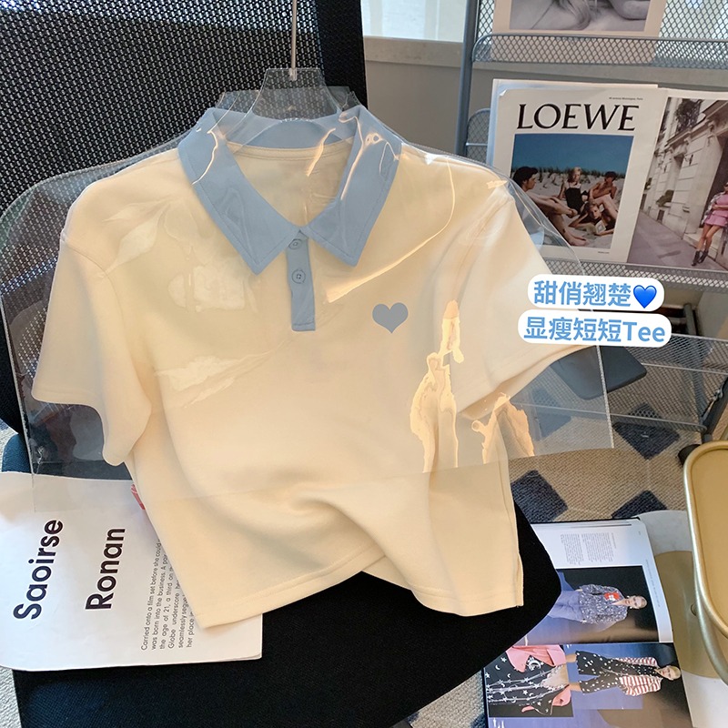 Official figure real price cotton 2022 new love leisure fashion versatile short sleeve T-shirt women's printed polo collar