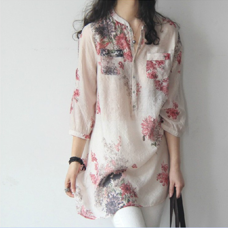Spring and summer 2020 new loose large Short Sleeve Chiffon medium and Long Floral Shirt women's seven sleeve cotton and hemp top