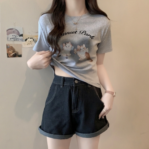 New loose short-sleeved T-shirt for women 92 cotton/8 spandex 40 counts 210g pure cotton slim short T-shirt for women