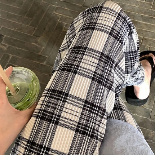 Pleated plaid pants women's high waist straight loose loose autumn and winter 2023 new thin section Korean casual wide-leg pants