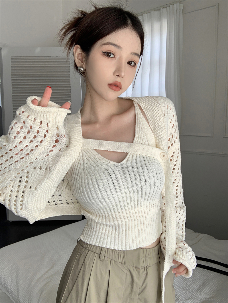 Real shot real price Camisole design short hollow knitted sweater sexy hot girl two-piece suit