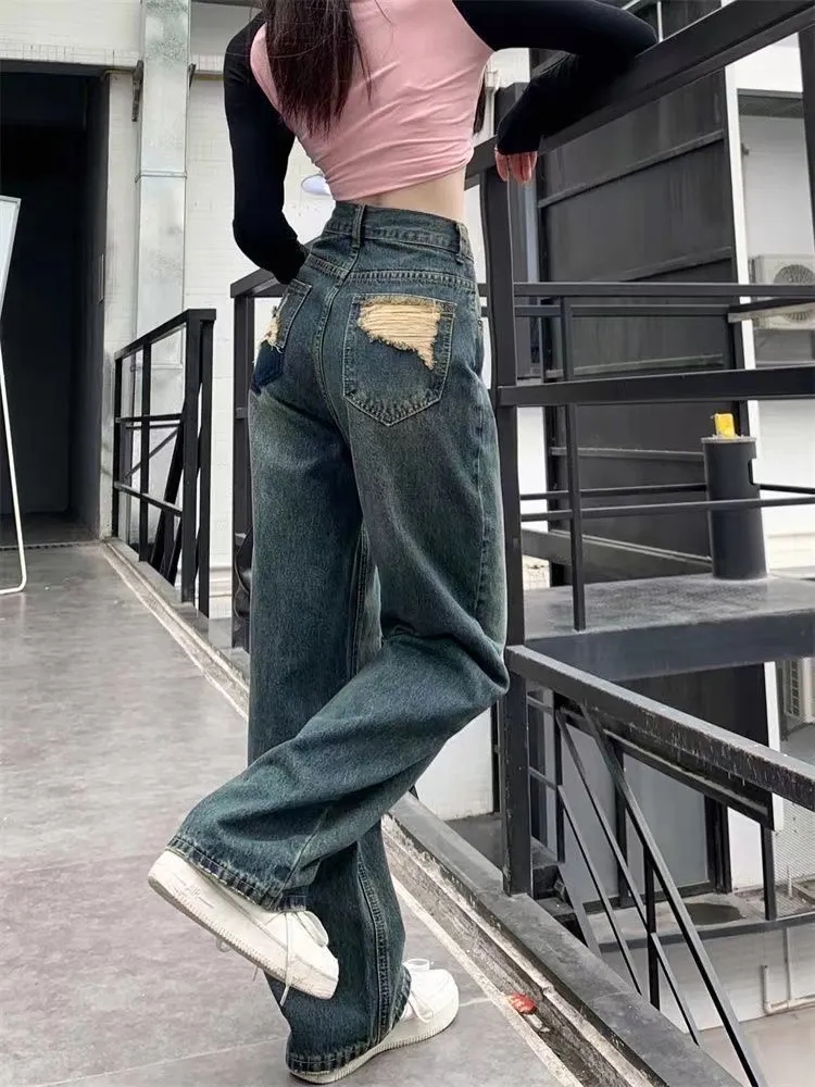 港風破洞復古牛仔褲女夏季設計感小眾寬鬆小個子高腰闊腿褲子長褲
