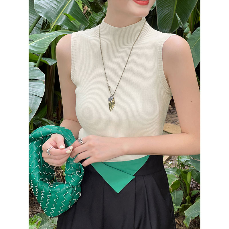 MEIYANG black and white champagne vest, elegant Kochi style ~ simple half turtleneck sleeveless sweater