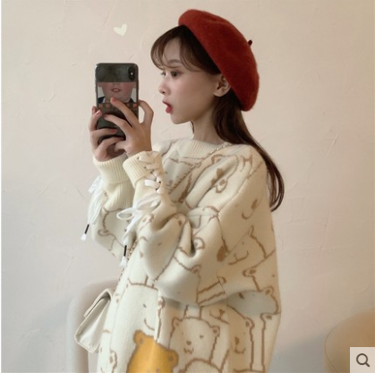 Christmas Bear sweater women's loose wear fall / winter 2020 new French style languid Pullover Sweater