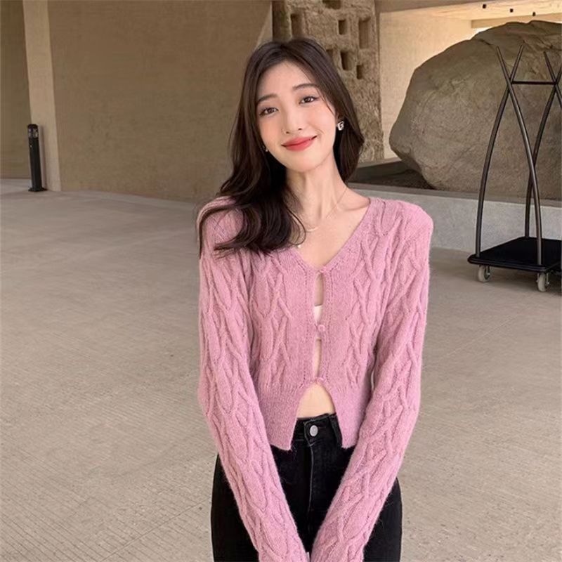 Twist-shaped short waist knitted cardigan women's autumn new sweet temperament all-match design coat