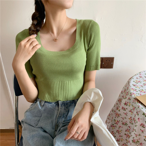 Real photo real price retro small square collar slim knitting Short Sleeve T-Shirt Top Female