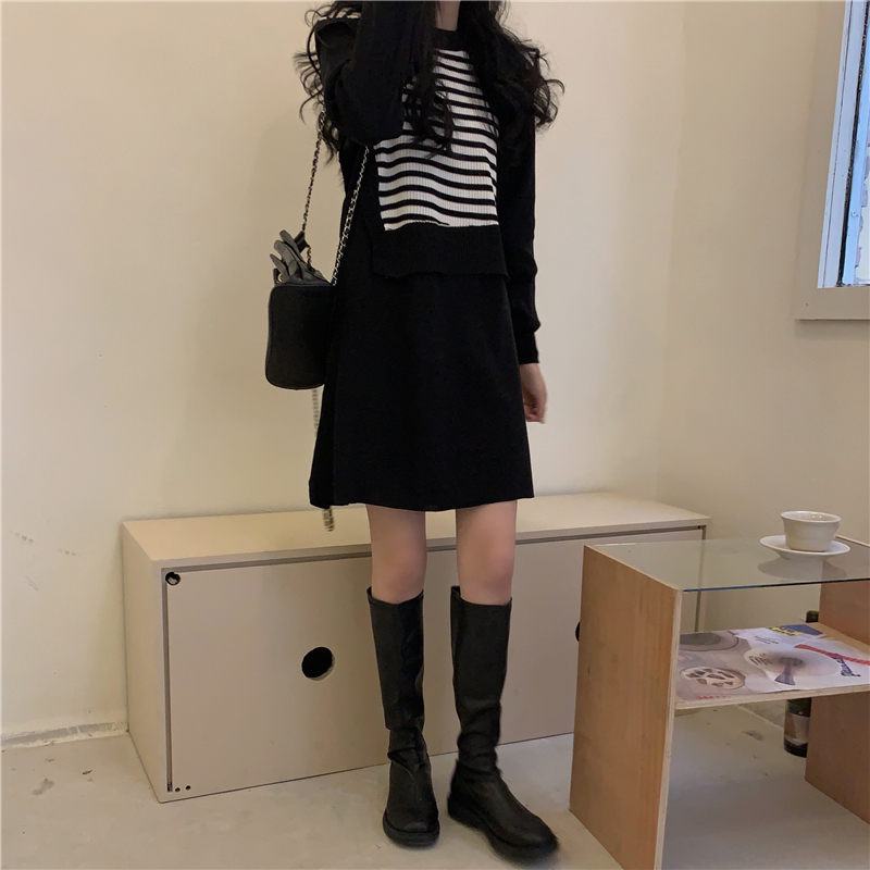 Real price black dress temperament long striped sweater fake two bottom skirt
