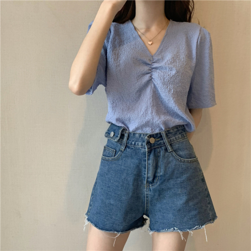 Real photo real price new pleated loose V-neck versatile T-shirt base