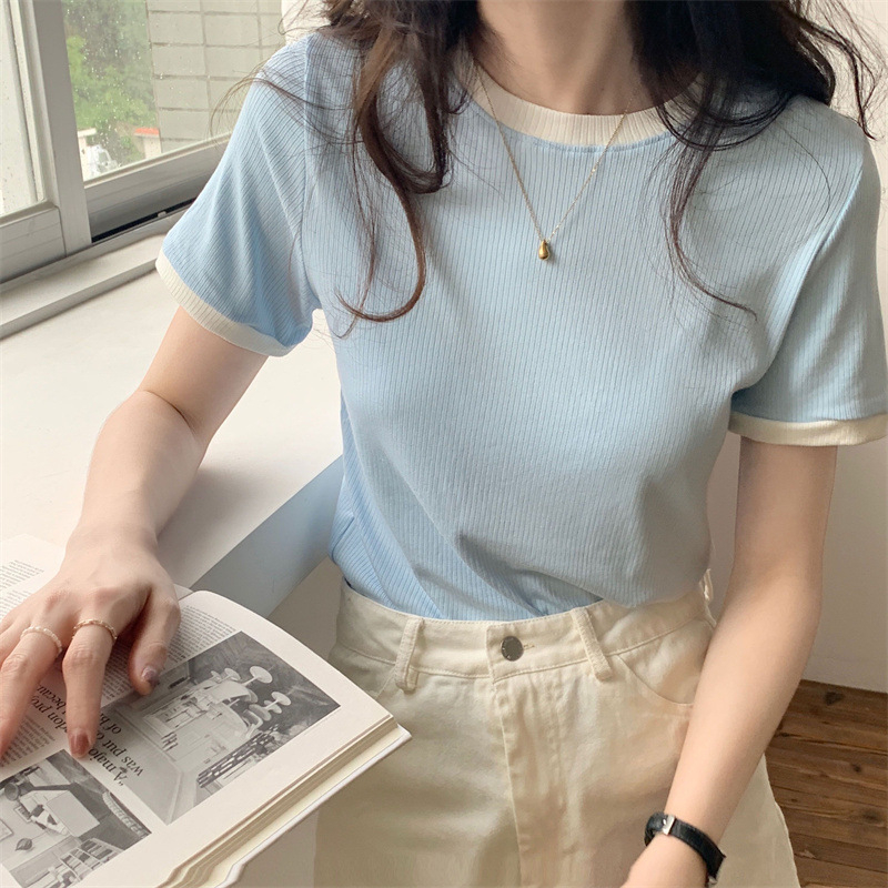 Fashion super hot summer new pit strip hit color round neck short-sleeved T-shirt women's short section self-cultivation temperament thin top trend