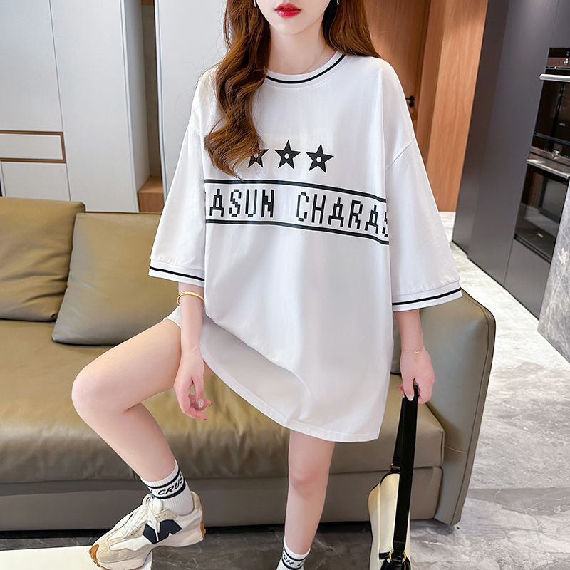 Real shot 100% cotton back wrap collar short-sleeved T-shirt women's mid-length letter print design summer top