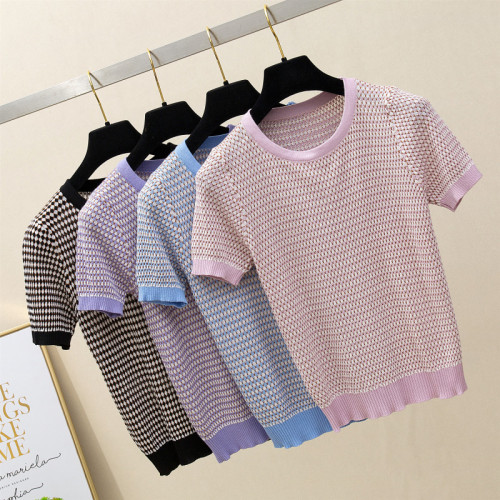 Real photo polo collar knitted stripe short sleeve T-shirt women lovely 2020 new summer loose top Han bianchao