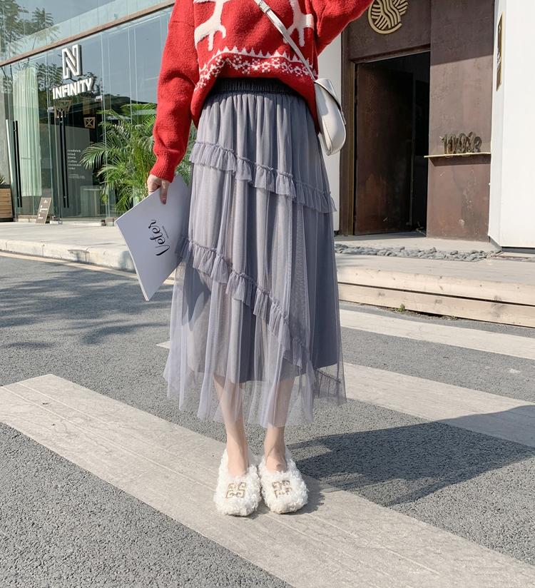 2022 spring and summer new irregular medium length fairy skirt spring and autumn high waist A-shaped cake mesh skirt