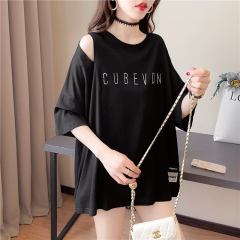 Real shot heavy industry hot drill off shoulder T-shirt short sleeve 2021 summer new loose medium length top