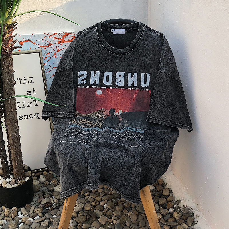 American retro washed old portrait print t-shirt men and women summer loose street couple short-sleeved top trendy women