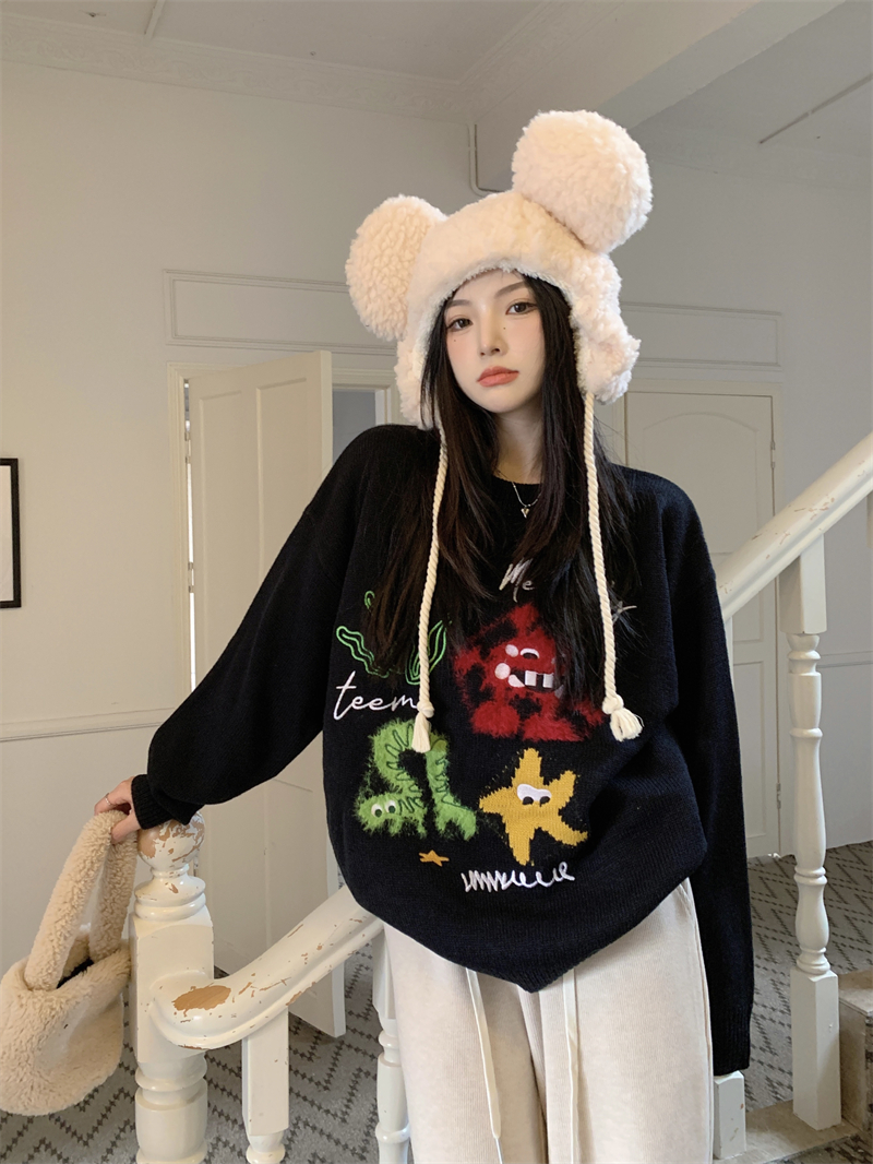Real shot real price round neck pullover long sleeve funny casual Korean version of the little monster sweater lazy wind top