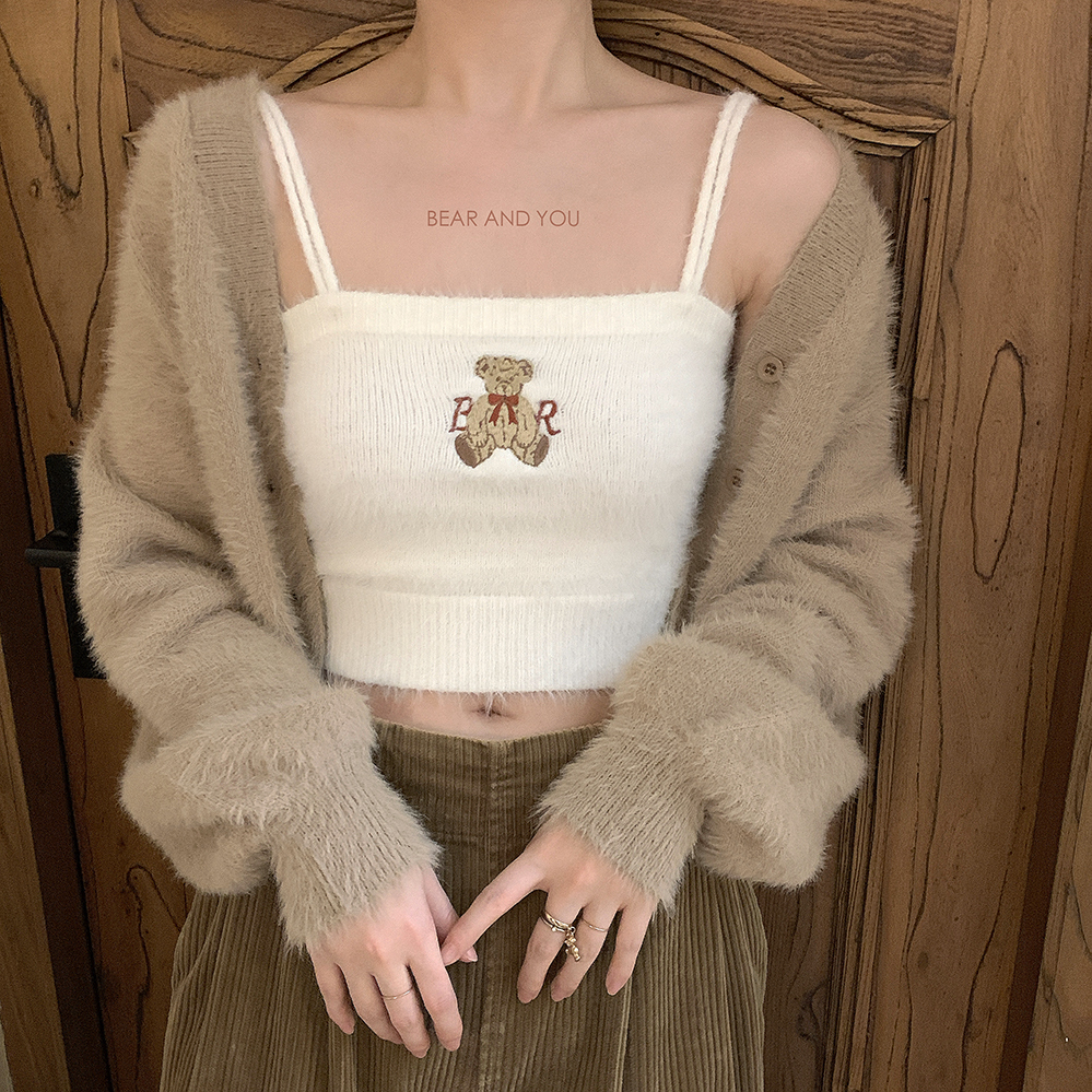 2023 new plush velvet bear embroidery girly vest women's summer outerwear with hot girls knitted camisole tops
