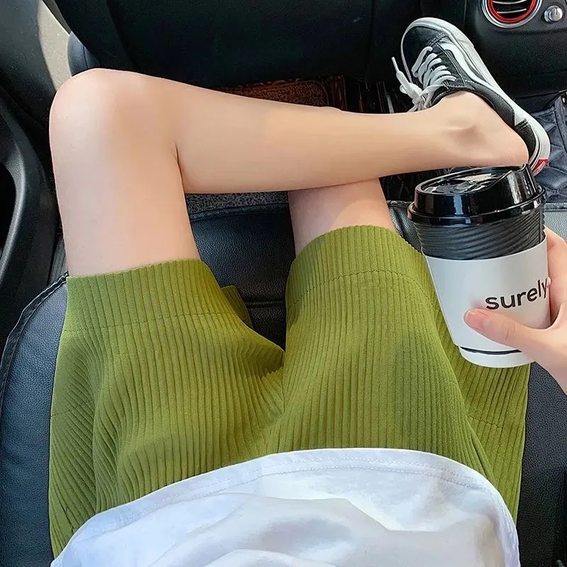 Summer new high waist large pleated wide leg shorts solid color versatile pants women's Korean casual sports skirt pants