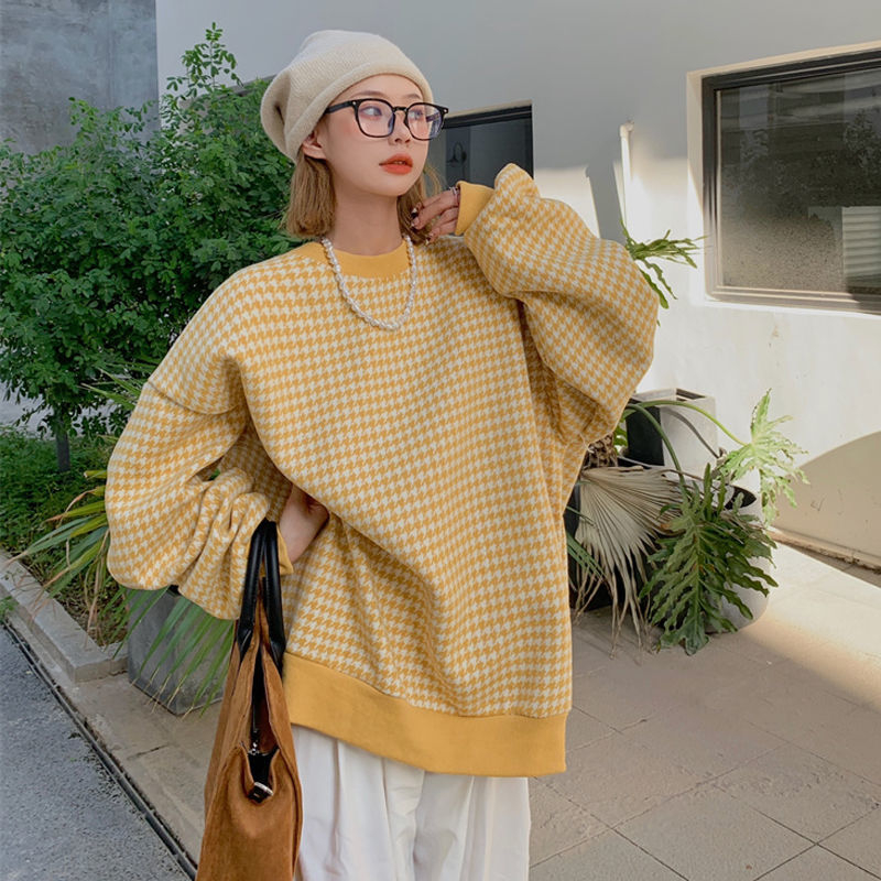 Official picture 280g David cloth plus velvet thickened houndstooth thickened sweater ladies autumn and winter niche