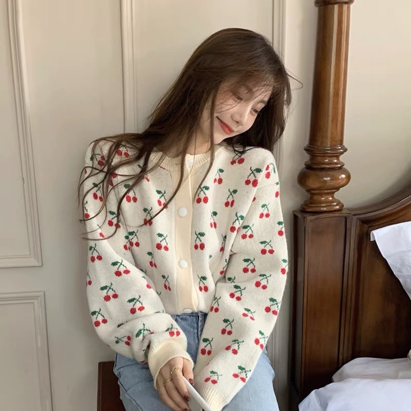 Sweater women's versatile wear loose knit cardigan 2021 new spring and autumn lazy wind and sun cherry jacquard coat