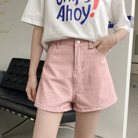 Real shooting Cowboy SHORTS women's summer high waist loose wide legs thin students pink a word wear hot pants trend