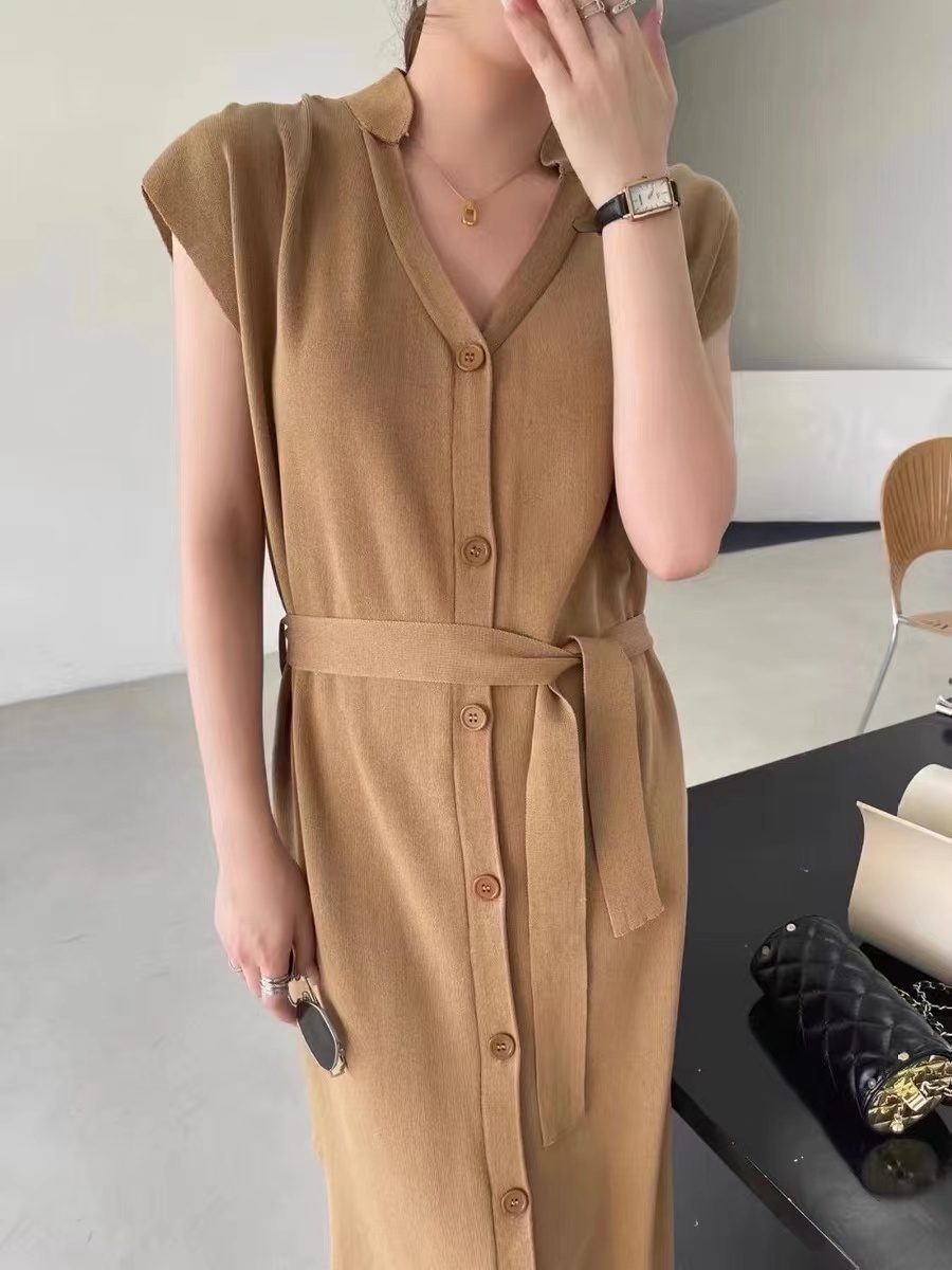 2022 summer design sleeveless waistcoat button loose dress ice silk thin knit lace up skirt