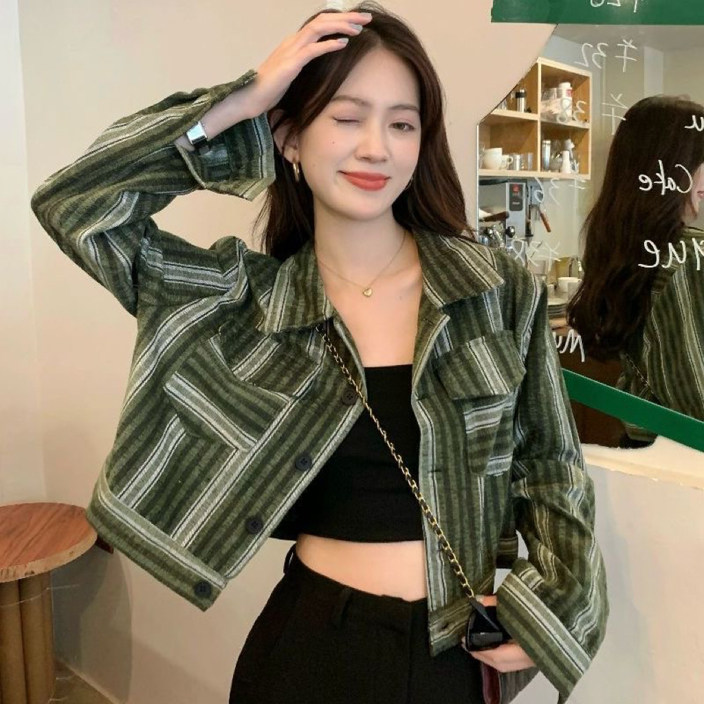 Polo collar striped contrast color short long-sleeved coat women's autumn 2022 new design sense hot girl outerwear trend