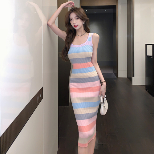 Rainbow striped knitted suspender dress female summer pure desire hot girl bag hip vest long skirt trendy