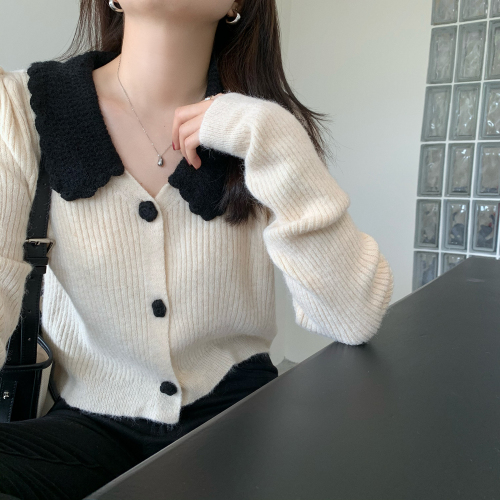 Real shooting French retro temperament manual hook flower polo collar single row Flower Button short long sleeve cardigan sweater