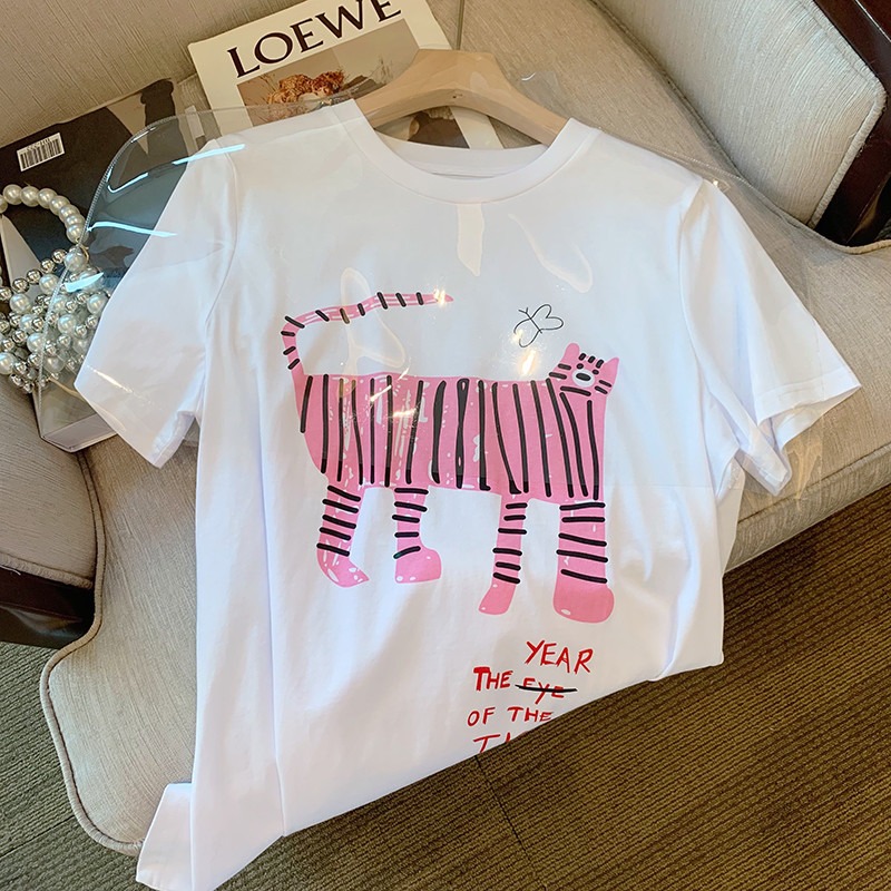 65 / 35 pull frame tiger printed short sleeve T-shirt women's new round neck loose Korean top