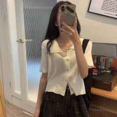 Korean summer Polo Lapel short sleeve slim fitting T-shirt ice silk sweater with short cardigan top