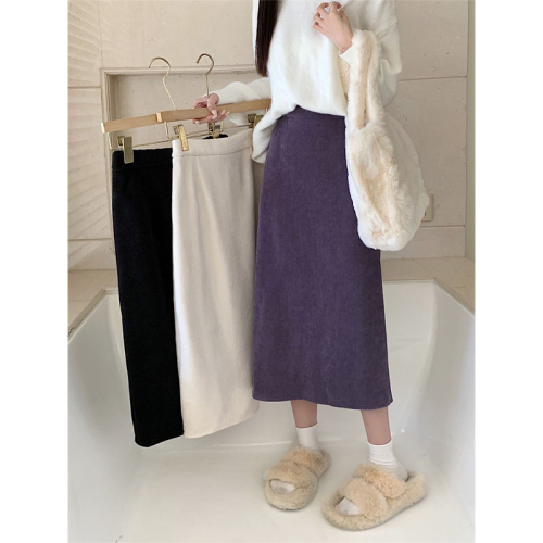 Plush thickened skirt women's autumn and winter 2022 new mid-length high waist slimming slit A-line winter skirt