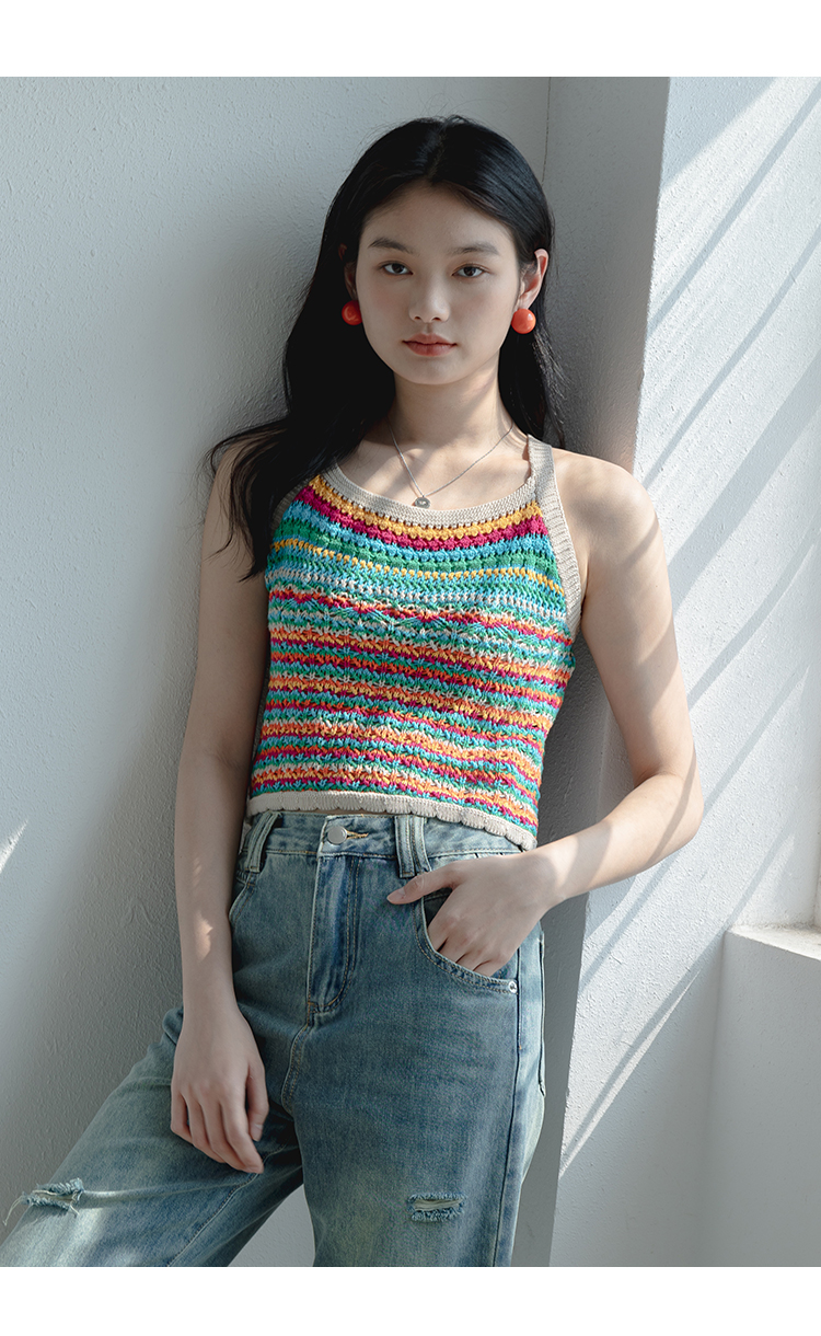 Rainbow color knitted vest suspenders women's outerwear spring and summer 2023 new short tops