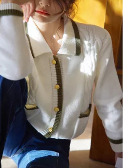OrWhite contrast edge fried dough twist knitted cardigan spring 2022 new lazy style long sleeve loose top
