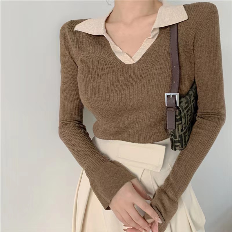 Long sleeved top women's 2022 new style foreign style slim polo collar design sense knitted bottomed shirt with sweater in autumn and winter