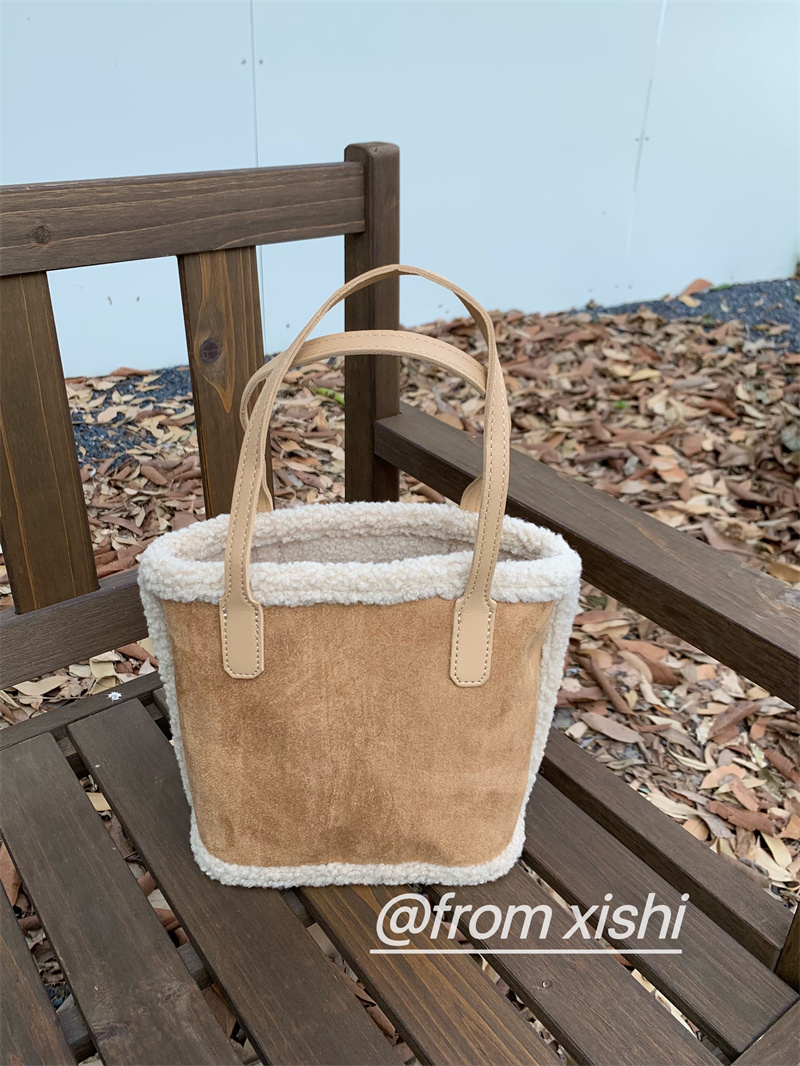 Real shot real price lamb wool bag autumn and winter hand-carrying vegetable basket retro tote bag all-match fashion shoulder handbag