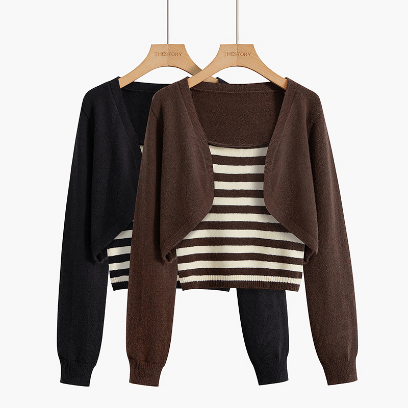 Baiyang knitted striped vest shawl cardigan two-piece women's 2022 autumn new long-sleeved short top