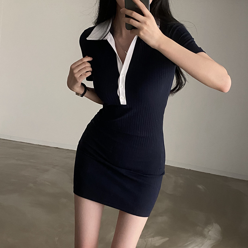 Real price Korean chic all-match polo collar button knitted short-sleeved dress slim skirt female