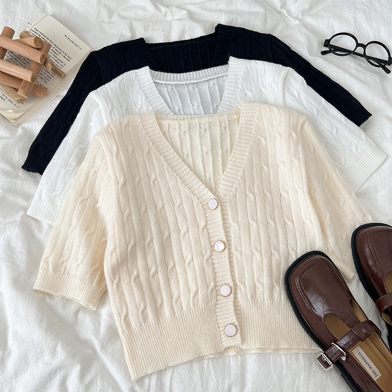 Small fragrance fashion all-match niche v-neck single-breasted short-sleeved twist knit cardigan top women's summer new style