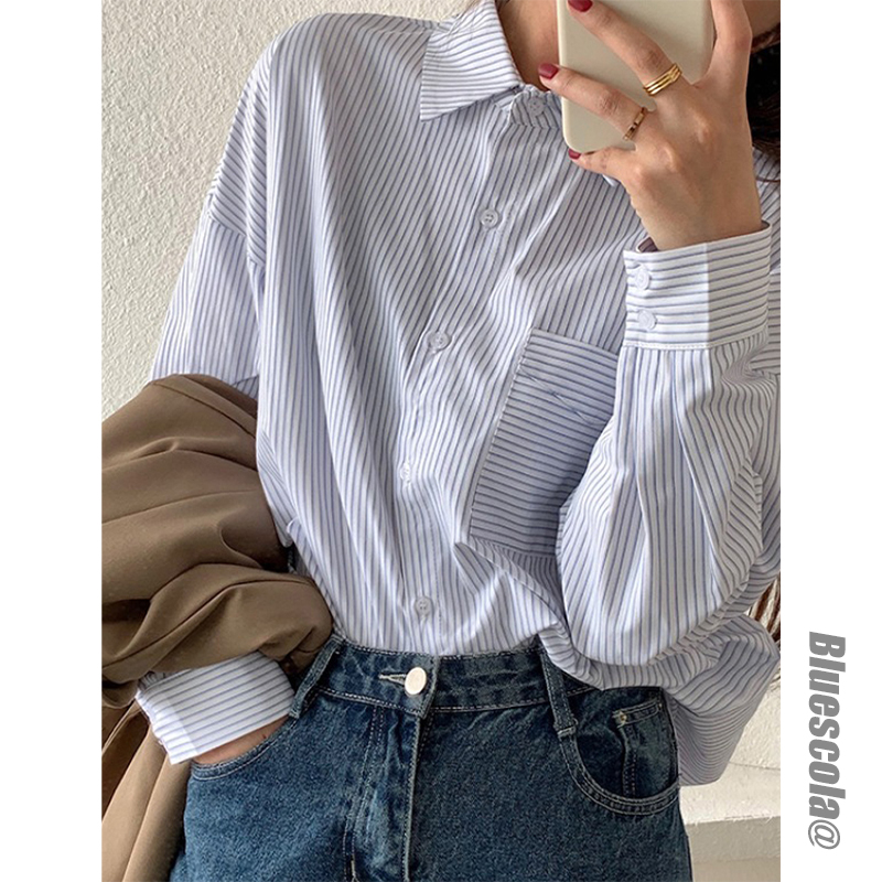 College style long-sleeved striped shirt women's early autumn 2022 new boyfriend style outer wear loose inner top ins tide
