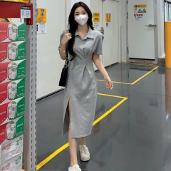Summer Korean 2022 new style high waist mid length polo collar button fold split short sleeve dress women