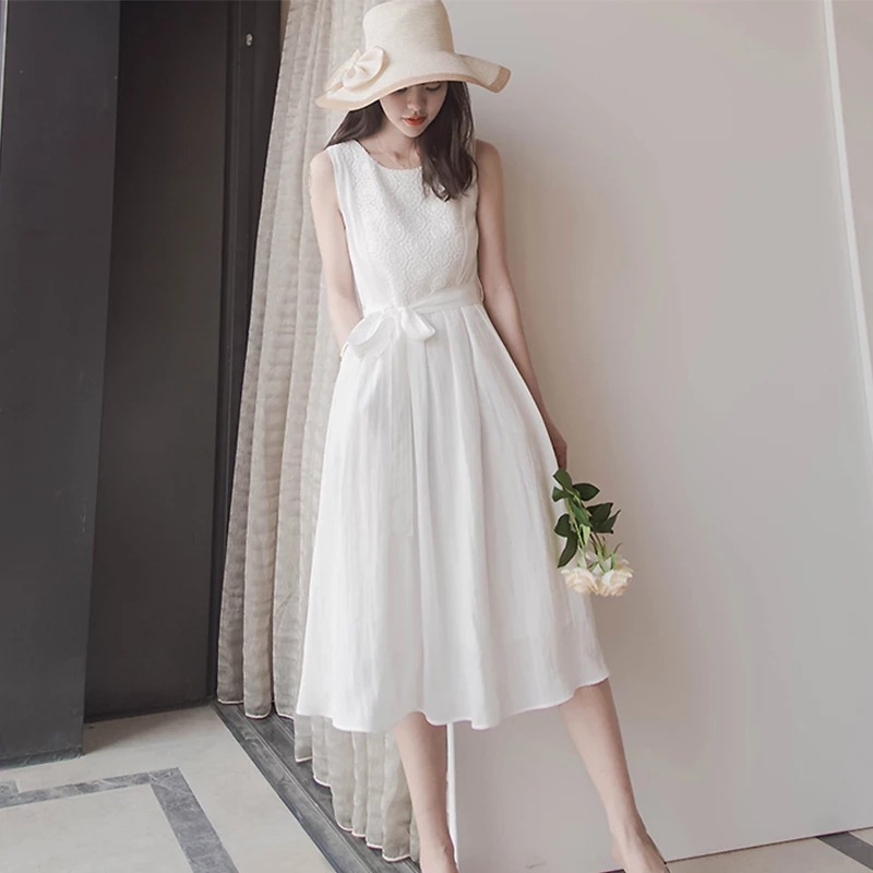 2022 new summer chiffon white dress small gas very fairy waist slim platycodon grandiflorum French dress