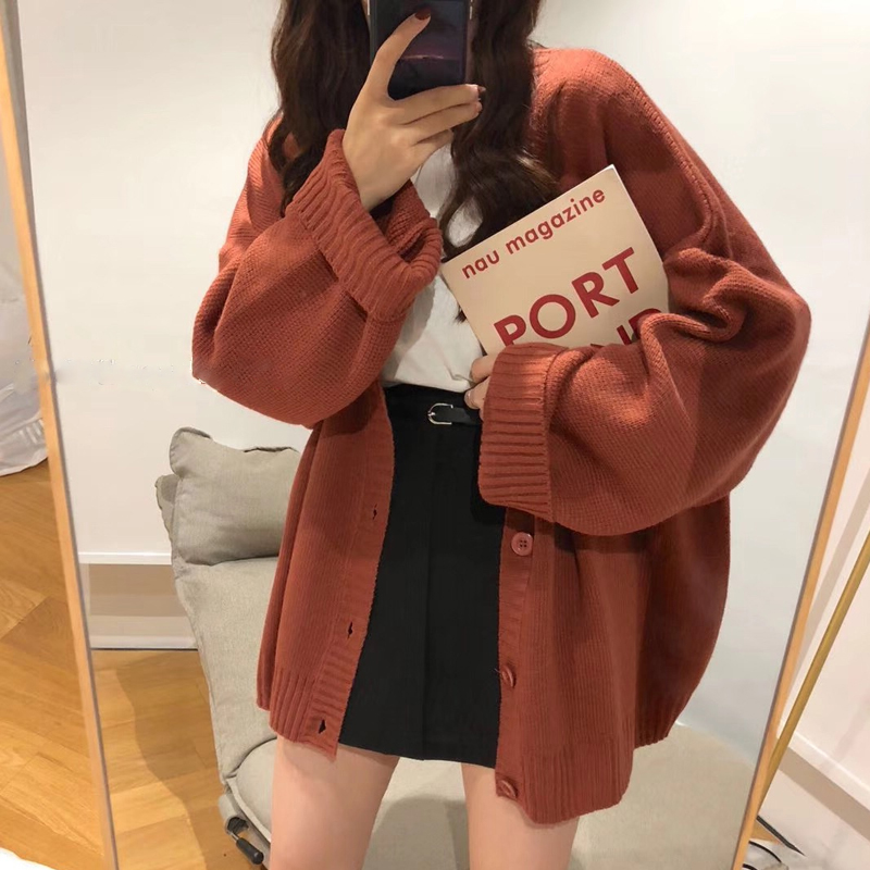 Korean version of autumn and winter V-neck knitted cardigan students loose outer wear lazy style black winter wear sweater coat women